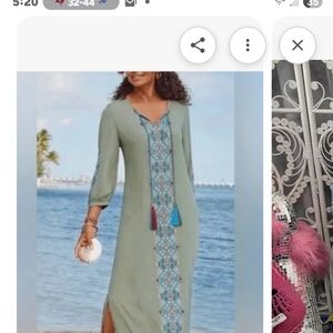 Embroidered Moss Green Sicily Gauze Maxi Dress V Neck With Tassels. BoHo. Lovely